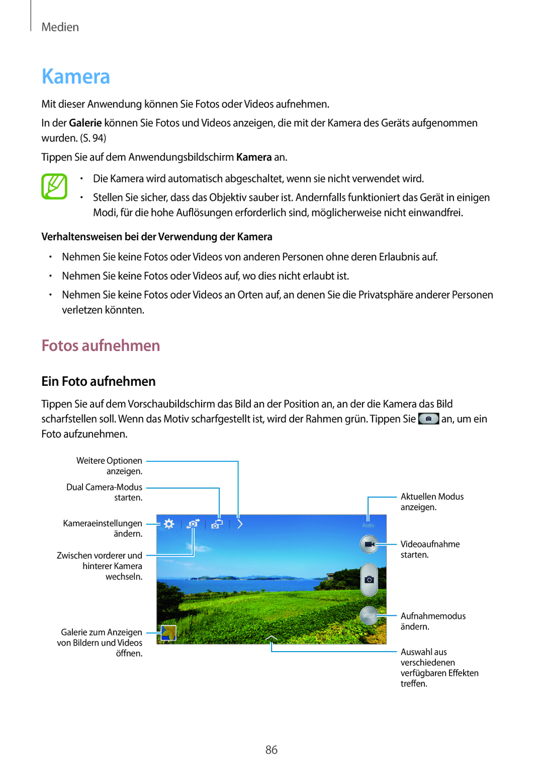 Samsung SM-N9005ZKESFR manual Fotos aufnehmen, Ein Foto aufnehmen, Verhaltensweisen bei der Verwendung der Kamera 
