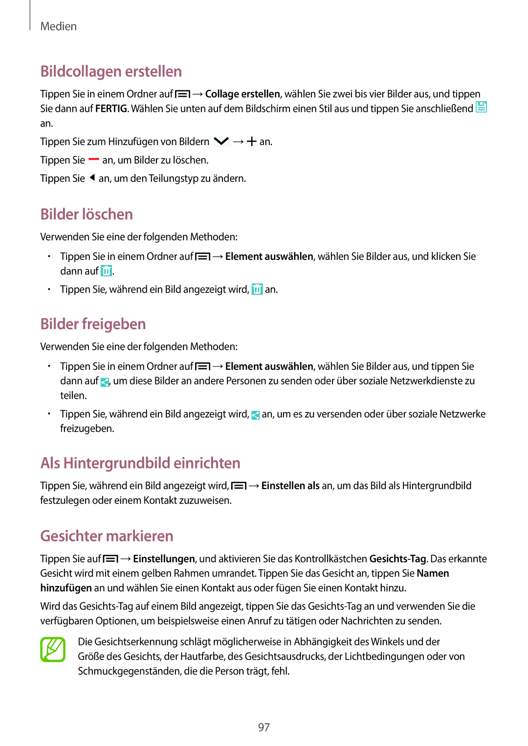 Samsung SM-N9005ZWECOS manual Bildcollagen erstellen, Bilder löschen, Bilder freigeben, Als Hintergrundbild einrichten 