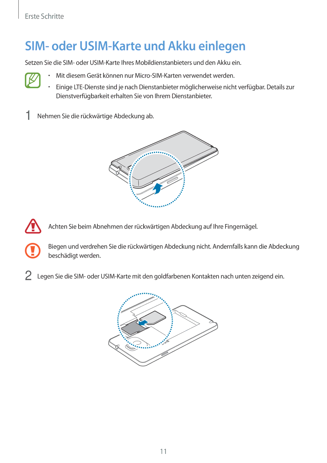 Samsung SM-N9005ZWESEB, SM-N9005ZKEXEO, SM-N9005ZWEVD2, SM-N9005ZWETMN, SM-N9005ZWETCL SIM- oder USIM-Karte und Akku einlegen 