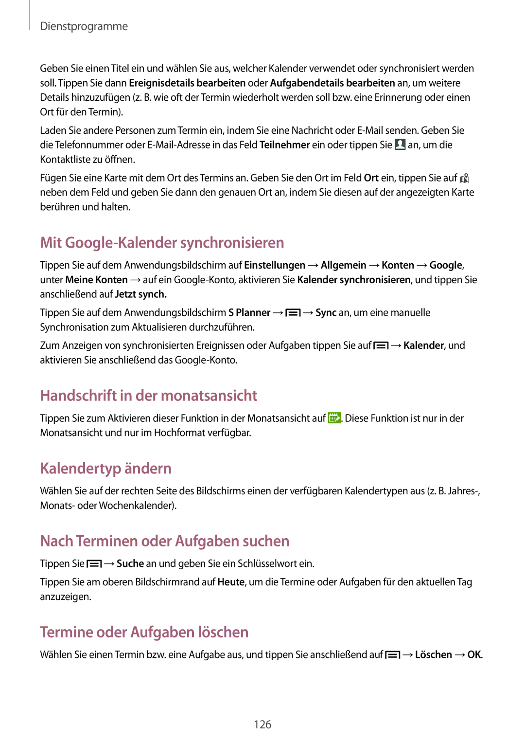 Samsung SM-N9005ZWECOS manual Mit Google-Kalender synchronisieren, Handschrift in der monatsansicht, Kalendertyp ändern 