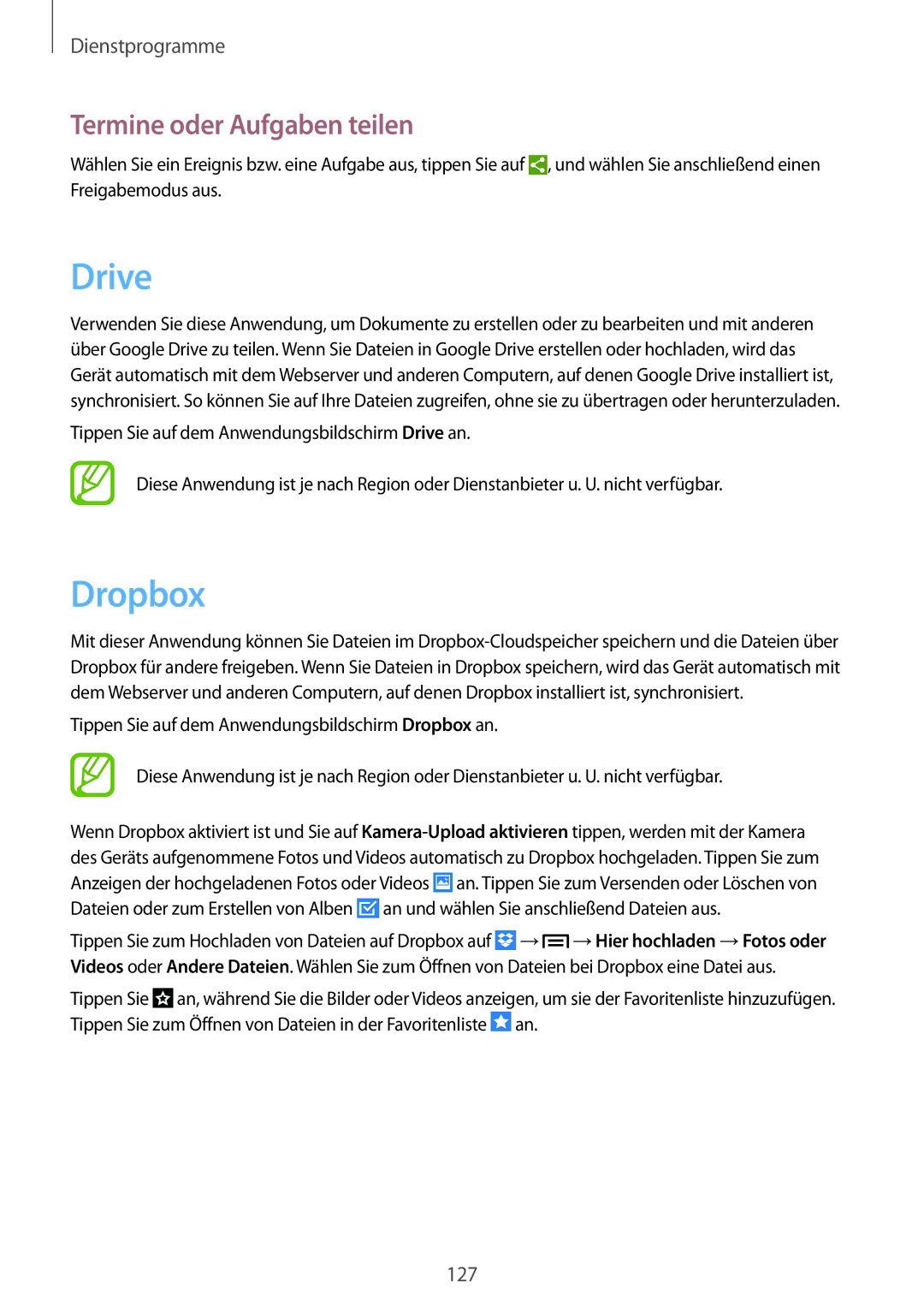 Samsung SM-N9005ZWESEB, SM-N9005ZKEXEO, SM-N9005ZWEVD2, SM-N9005ZWETMN manual Drive, Dropbox, Termine oder Aufgaben teilen 