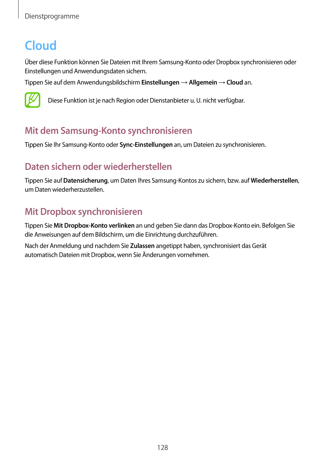 Samsung SM-N9005ZKETMN, SM-N9005ZKEXEO Cloud, Mit dem Samsung-Konto synchronisieren, Daten sichern oder wiederherstellen 