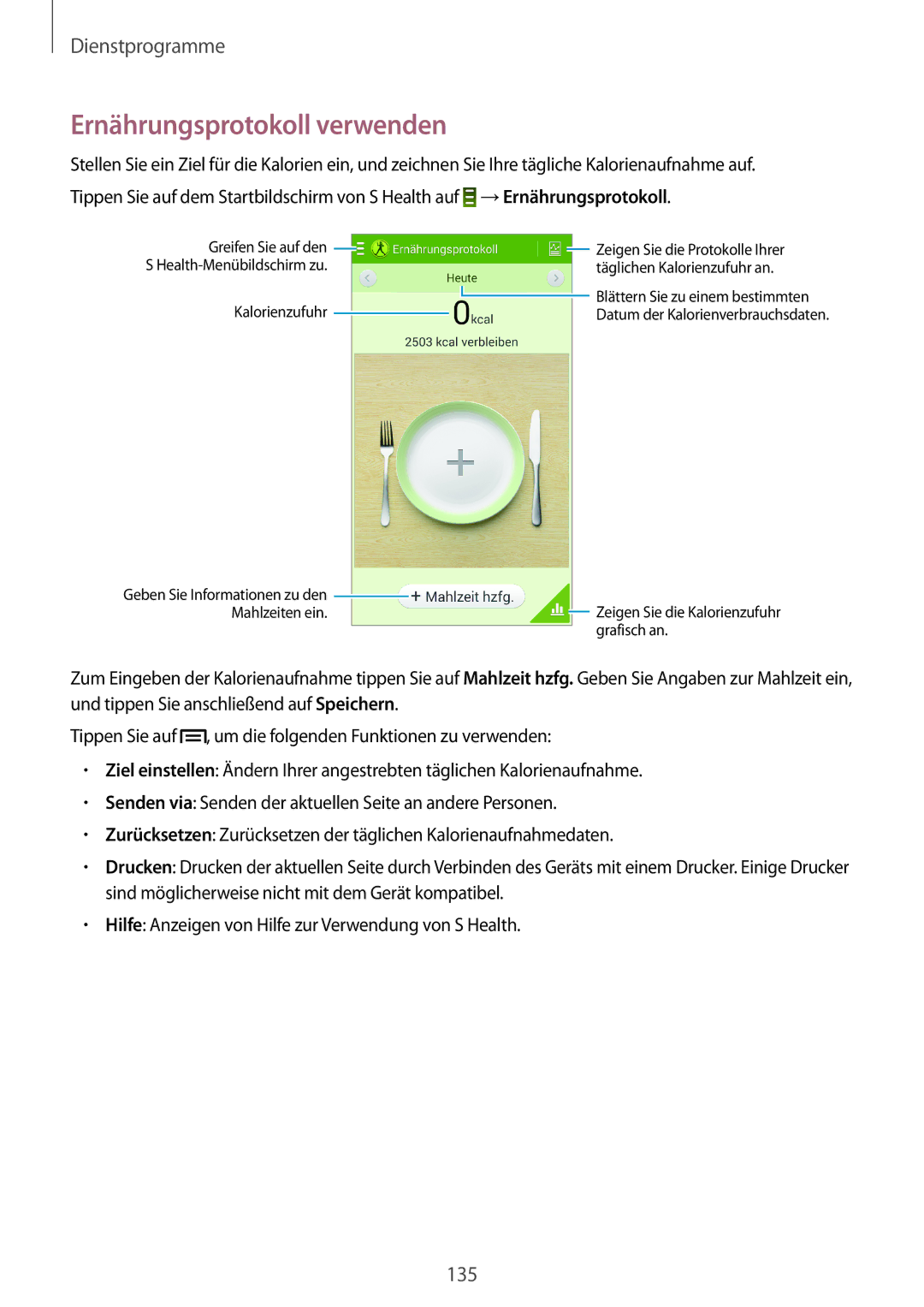 Samsung SM-N9005ZKEITV manual Ernährungsprotokoll verwenden, Greifen Sie auf den Health-Menübildschirm zu Kalorienzufuhr 