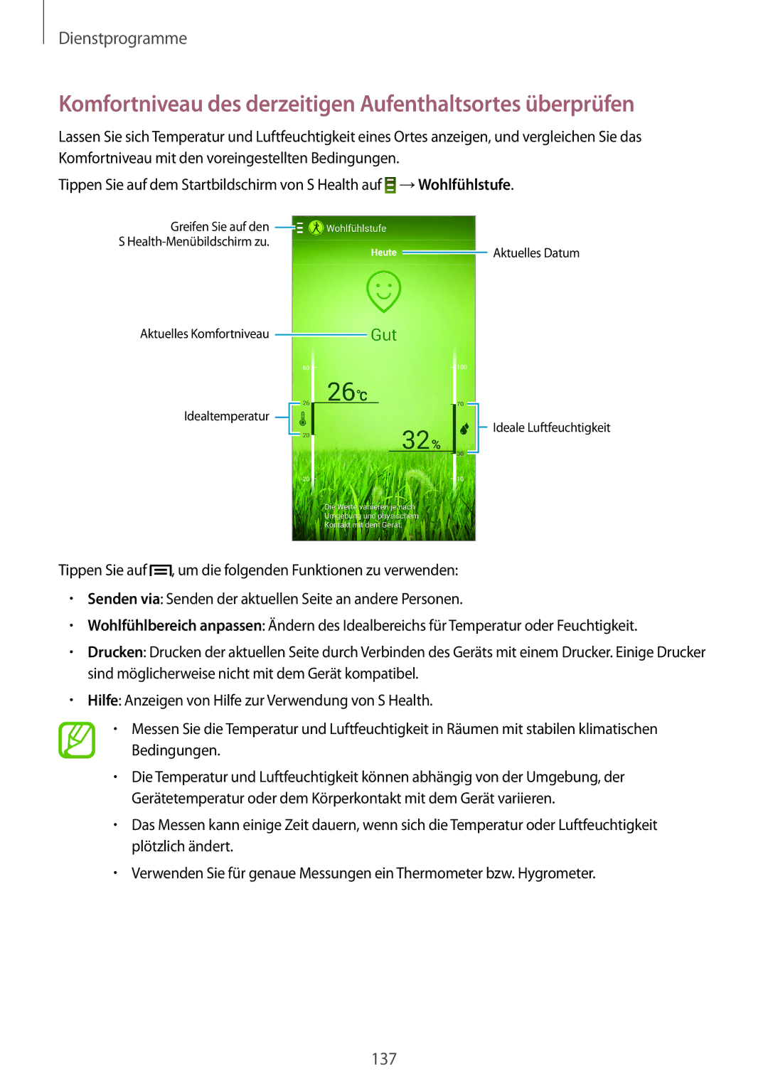 Samsung SM-N9005ZWEMEO, SM-N9005ZKEXEO, SM-N9005ZWEVD2 manual Komfortniveau des derzeitigen Aufenthaltsortes überprüfen 