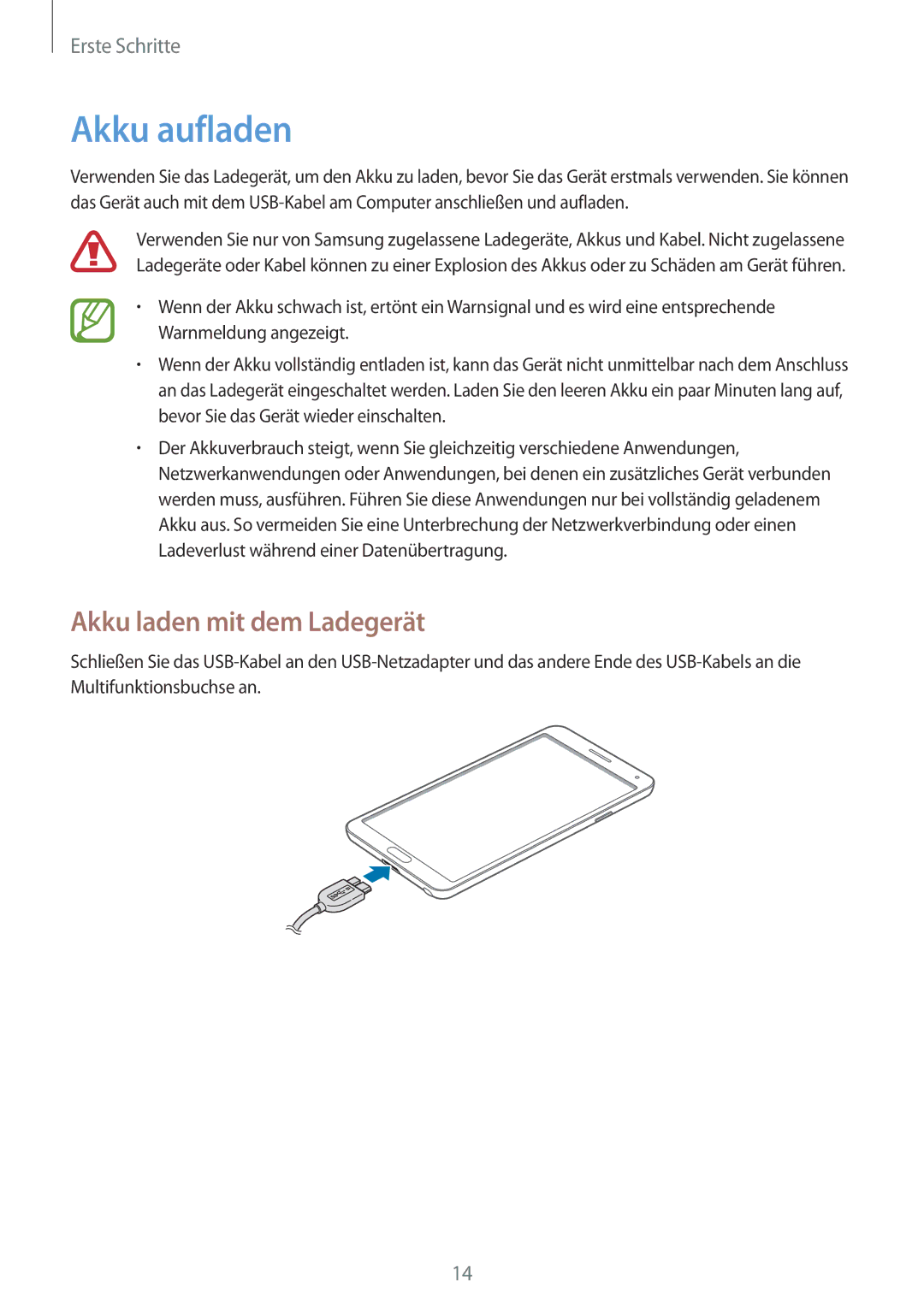 Samsung SM-N9005ZIEDBT, SM-N9005ZKEXEO, SM-N9005ZWEVD2, SM-N9005ZWETMN manual Akku aufladen, Akku laden mit dem Ladegerät 