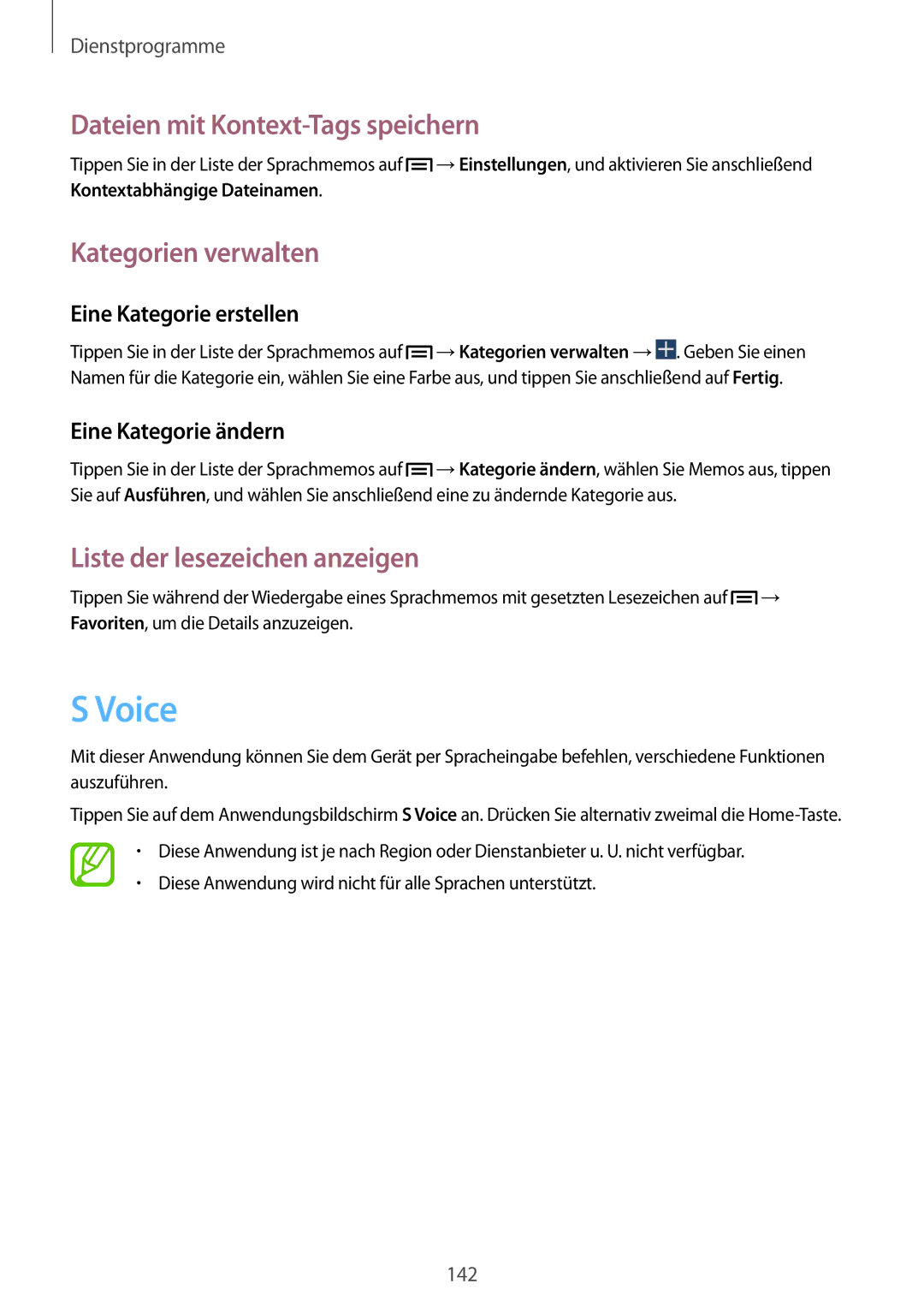 Samsung SM-N9005WDESEB Voice, Dateien mit Kontext-Tags speichern, Kategorien verwalten, Liste der lesezeichen anzeigen 