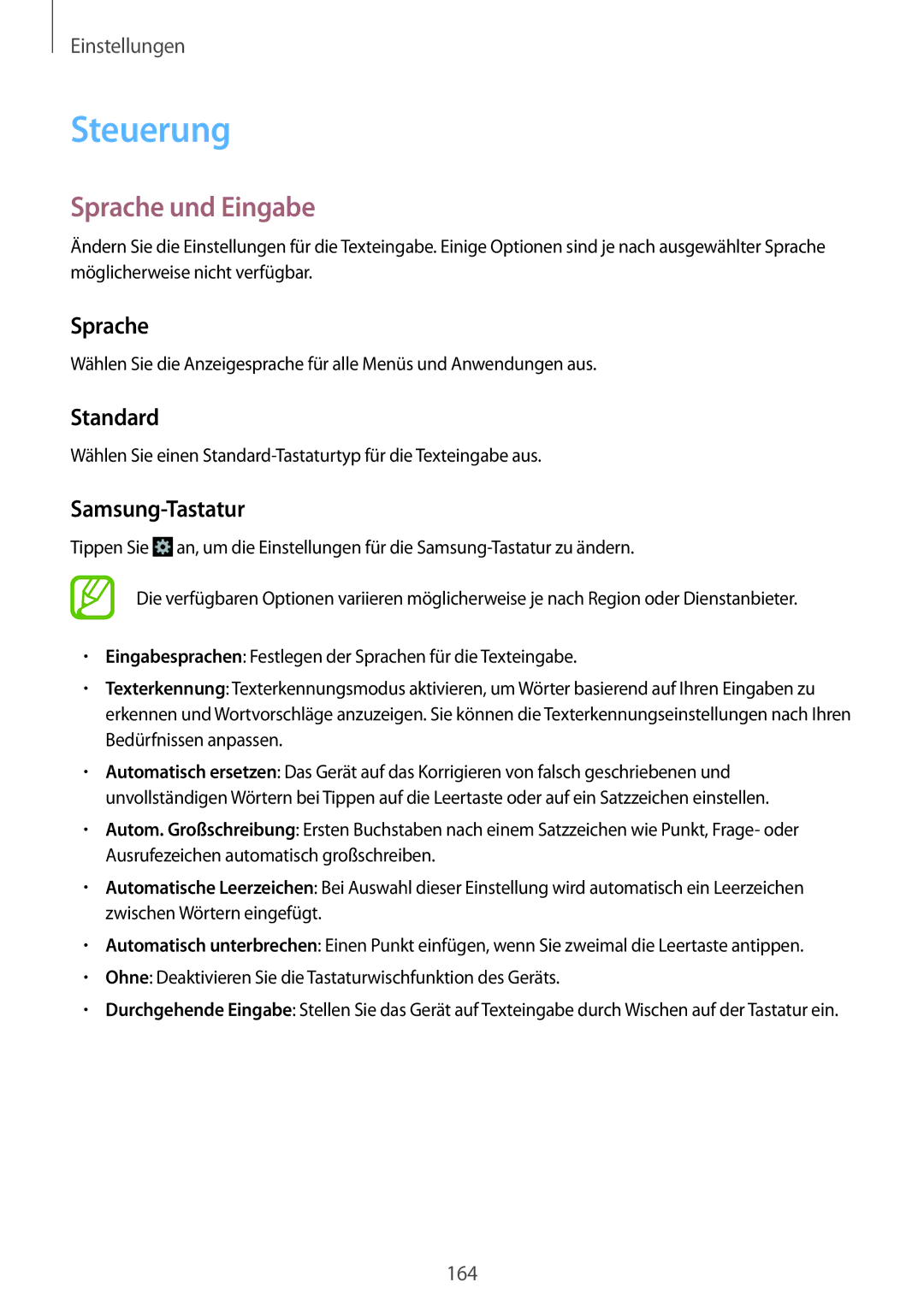 Samsung SM-N9005ZKEITV, SM-N9005ZKEXEO, SM-N9005ZWEVD2 manual Steuerung, Sprache und Eingabe, Standard, Samsung-Tastatur 