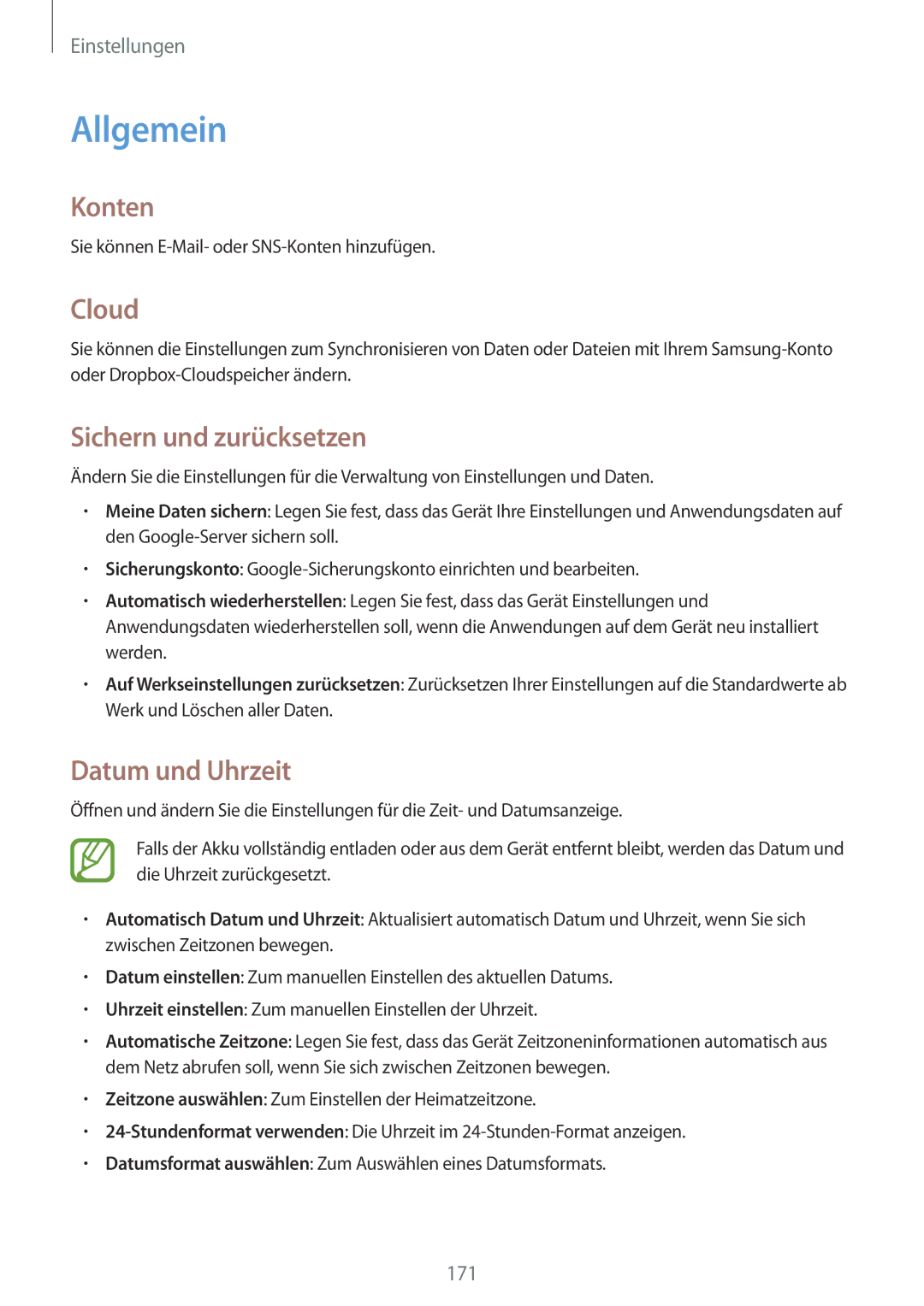 Samsung SM-N9005WDESEB, SM-N9005ZKEXEO manual Allgemein, Konten, Cloud, Sichern und zurücksetzen, Datum und Uhrzeit 