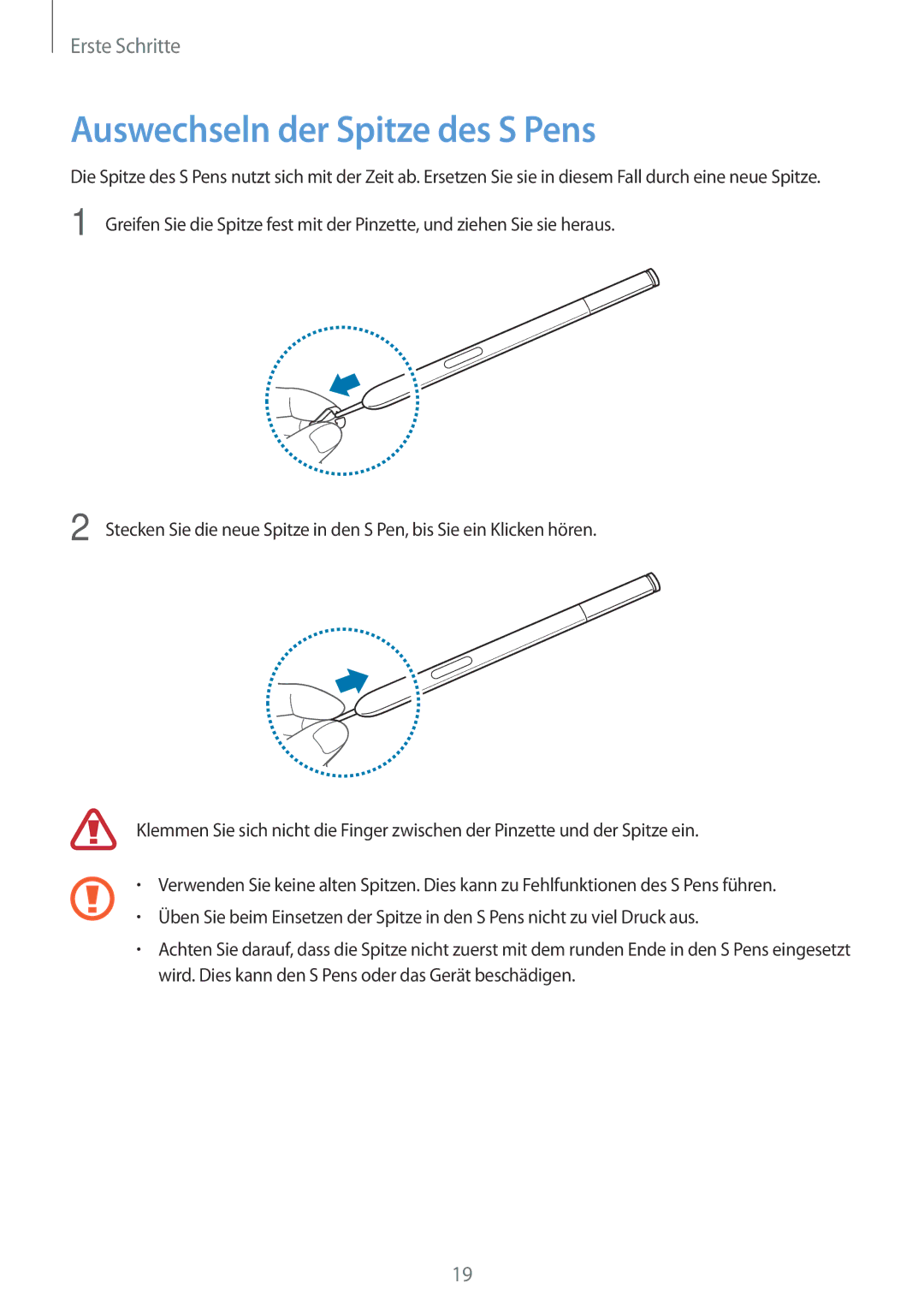 Samsung SM-N9005ZKEITV, SM-N9005ZKEXEO, SM-N9005ZWEVD2, SM-N9005ZWETMN, SM-N9005ZWETCL manual Auswechseln der Spitze des S Pens 