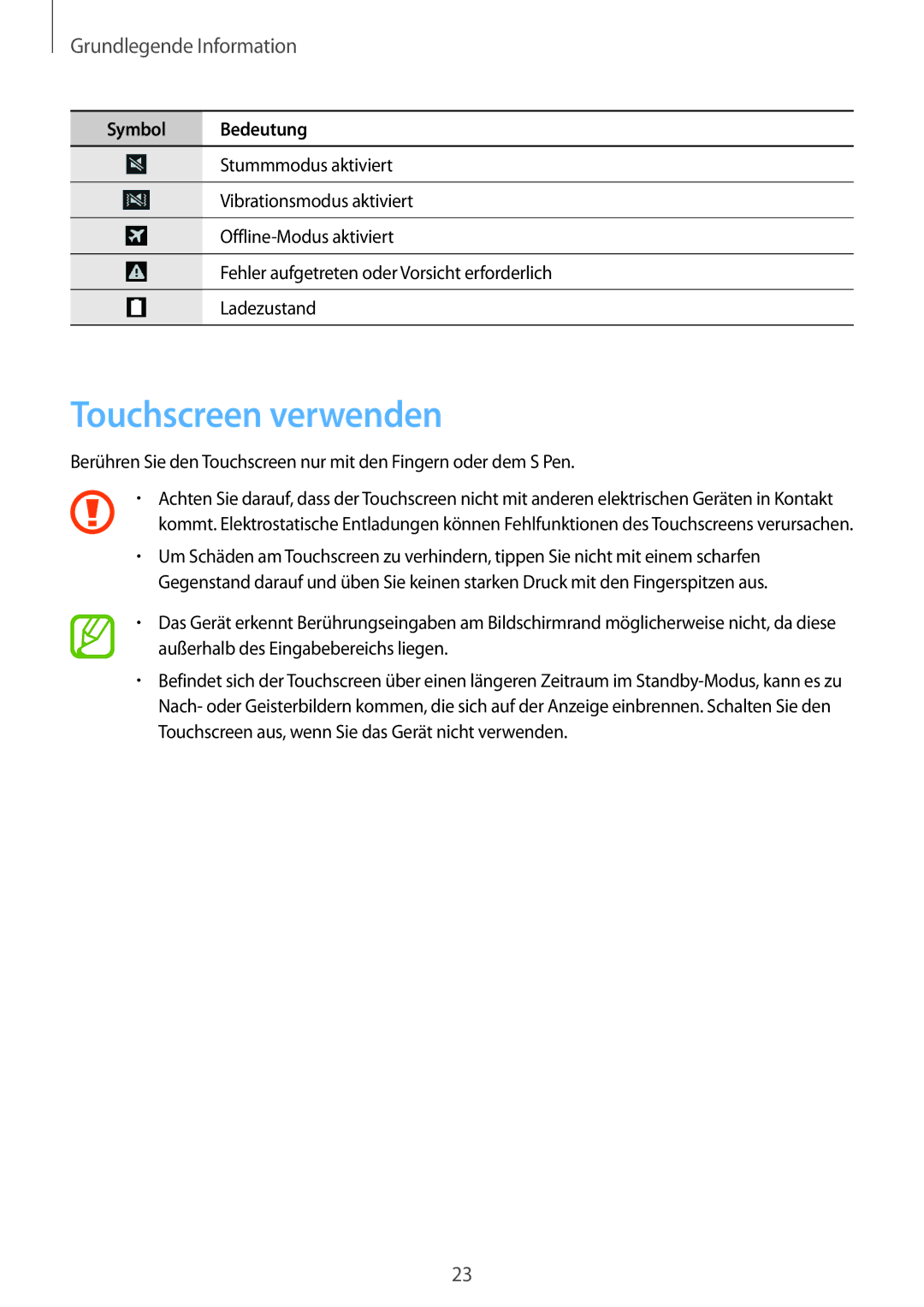 Samsung SM-N9005ZKETCL, SM-N9005ZKEXEO, SM-N9005ZWEVD2, SM-N9005ZWETMN manual Touchscreen verwenden, Grundlegende Information 