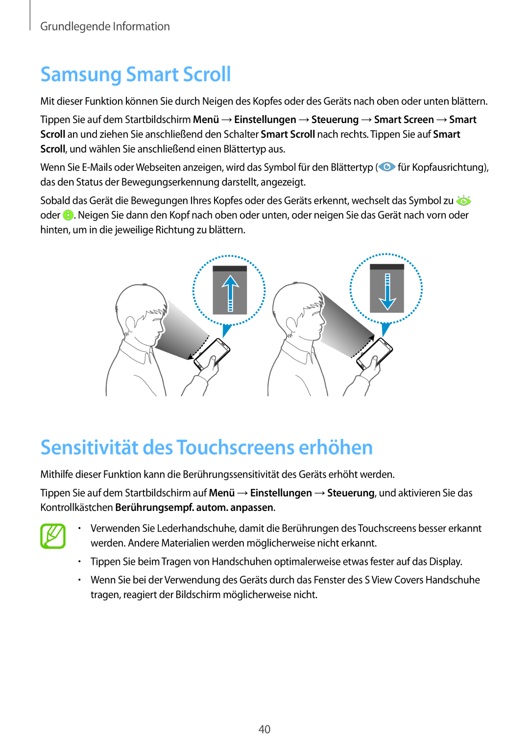 Samsung SM-N9005ZWESEB, SM-N9005ZKEXEO, SM-N9005ZWEVD2 manual Samsung Smart Scroll, Sensitivität des Touchscreens erhöhen 