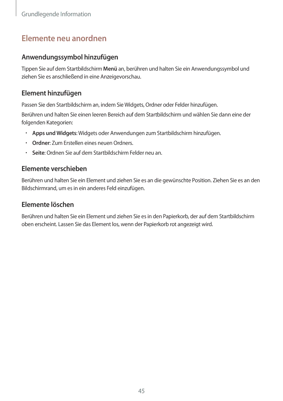 Samsung SM-N9005ZKEVIA manual Elemente neu anordnen, Anwendungssymbol hinzufügen, Element hinzufügen, Elemente verschieben 