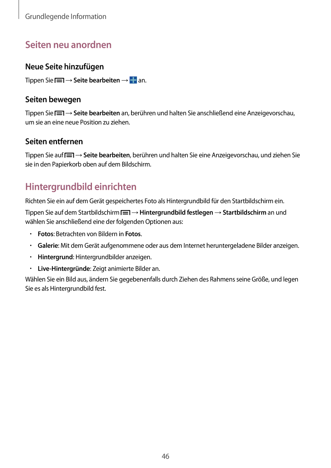 Samsung SM-N9005ZWETPH manual Seiten neu anordnen, Hintergrundbild einrichten, Neue Seite hinzufügen, Seiten bewegen 