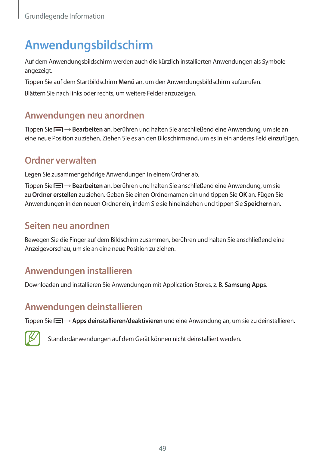 Samsung SM-N9005ZKEPRT manual Anwendungsbildschirm, Anwendungen neu anordnen, Ordner verwalten, Anwendungen installieren 