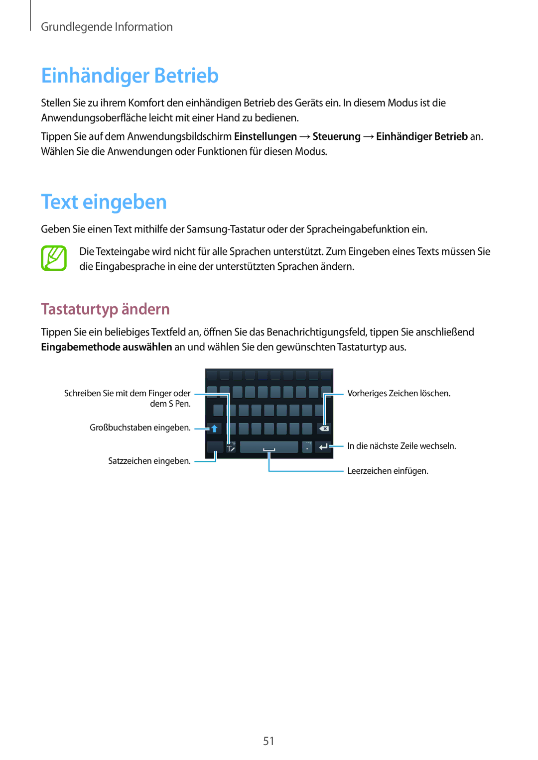 Samsung SM-N9005ZWEDTM, SM-N9005ZKEXEO, SM-N9005ZWEVD2 manual Einhändiger Betrieb, Text eingeben, Tastaturtyp ändern 