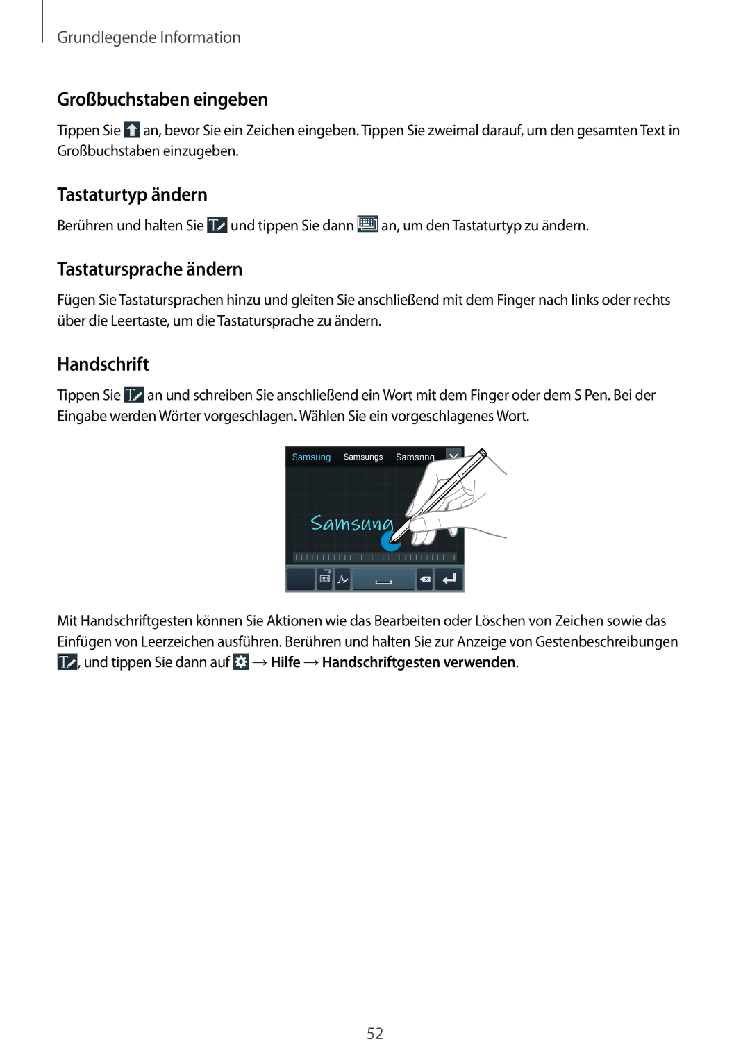 Samsung SM-N9005ZKETCL, SM-N9005ZKEXEO Großbuchstaben eingeben, Tastaturtyp ändern, Tastatursprache ändern, Handschrift 