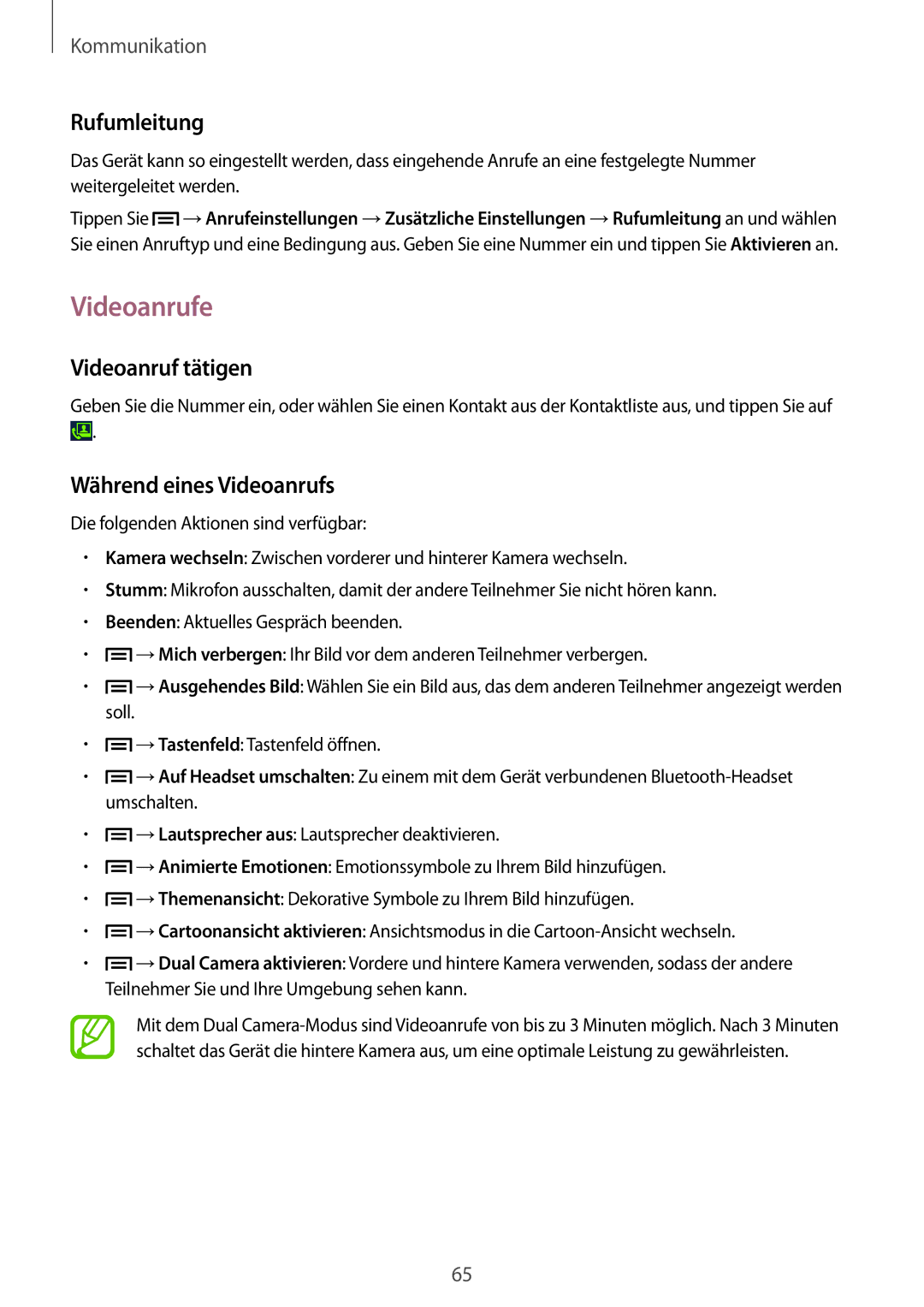 Samsung SM-N9005ZKEEUR, SM-N9005ZKEXEO manual Videoanrufe, Rufumleitung, Videoanruf tätigen, Während eines Videoanrufs 