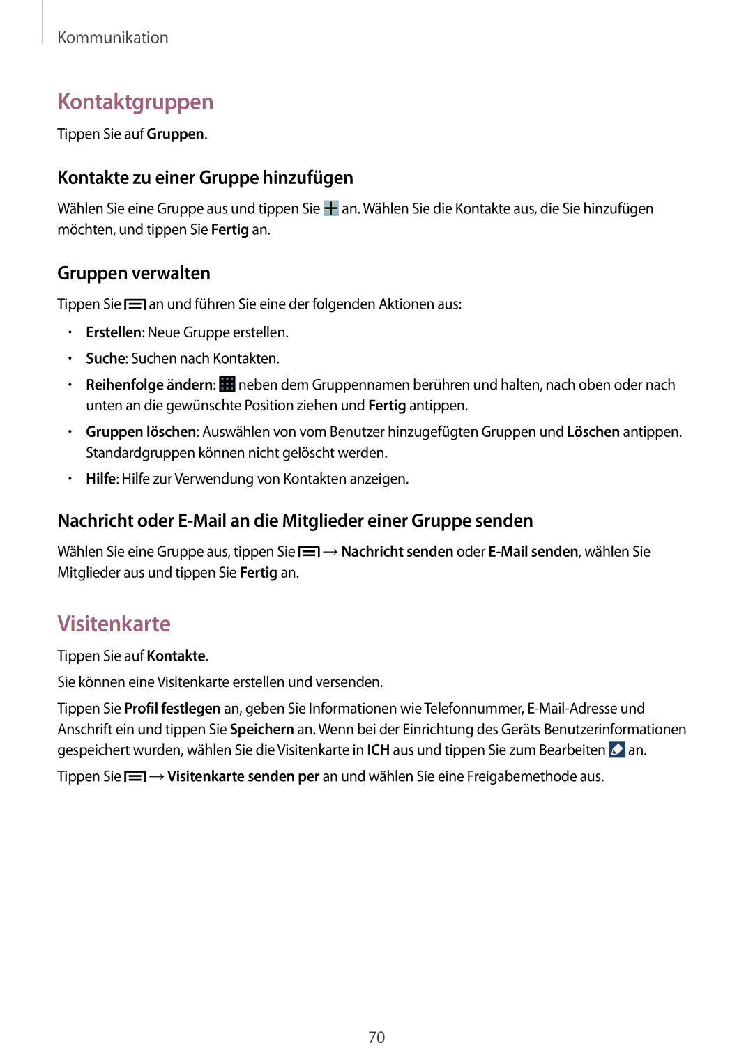 Samsung SM-N9005ZKETMN manual Kontaktgruppen, Visitenkarte, Kontakte zu einer Gruppe hinzufügen, Gruppen verwalten 