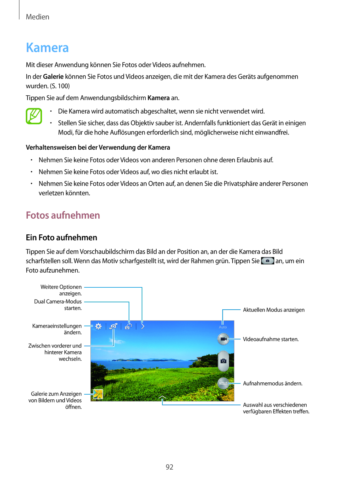 Samsung SM-N9005ZWEDBT manual Fotos aufnehmen, Ein Foto aufnehmen, Verhaltensweisen bei der Verwendung der Kamera 