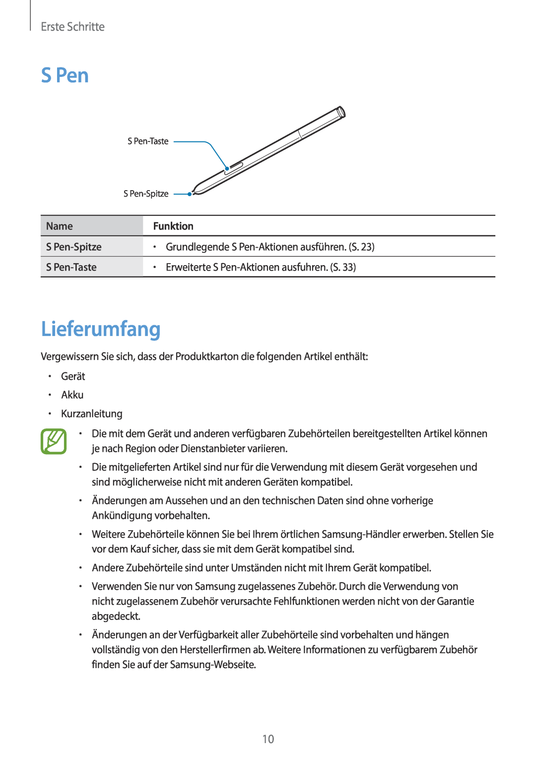 Samsung SM-N9005ZWECOS, SM-N9005ZKEXEO manual Lieferumfang, Name, S Pen-Spitze, S Pen-Taste, Erste Schritte, Funktion 