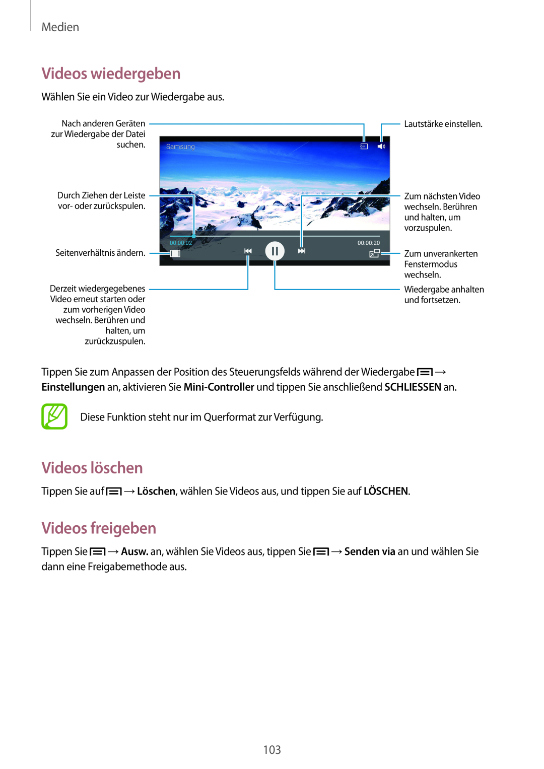 Samsung SM-N9005ZKEVIA, SM-N9005ZKEXEO, SM-N9005ZWEVD2 manual Videos löschen, Videos freigeben, Videos wiedergeben, Medien 