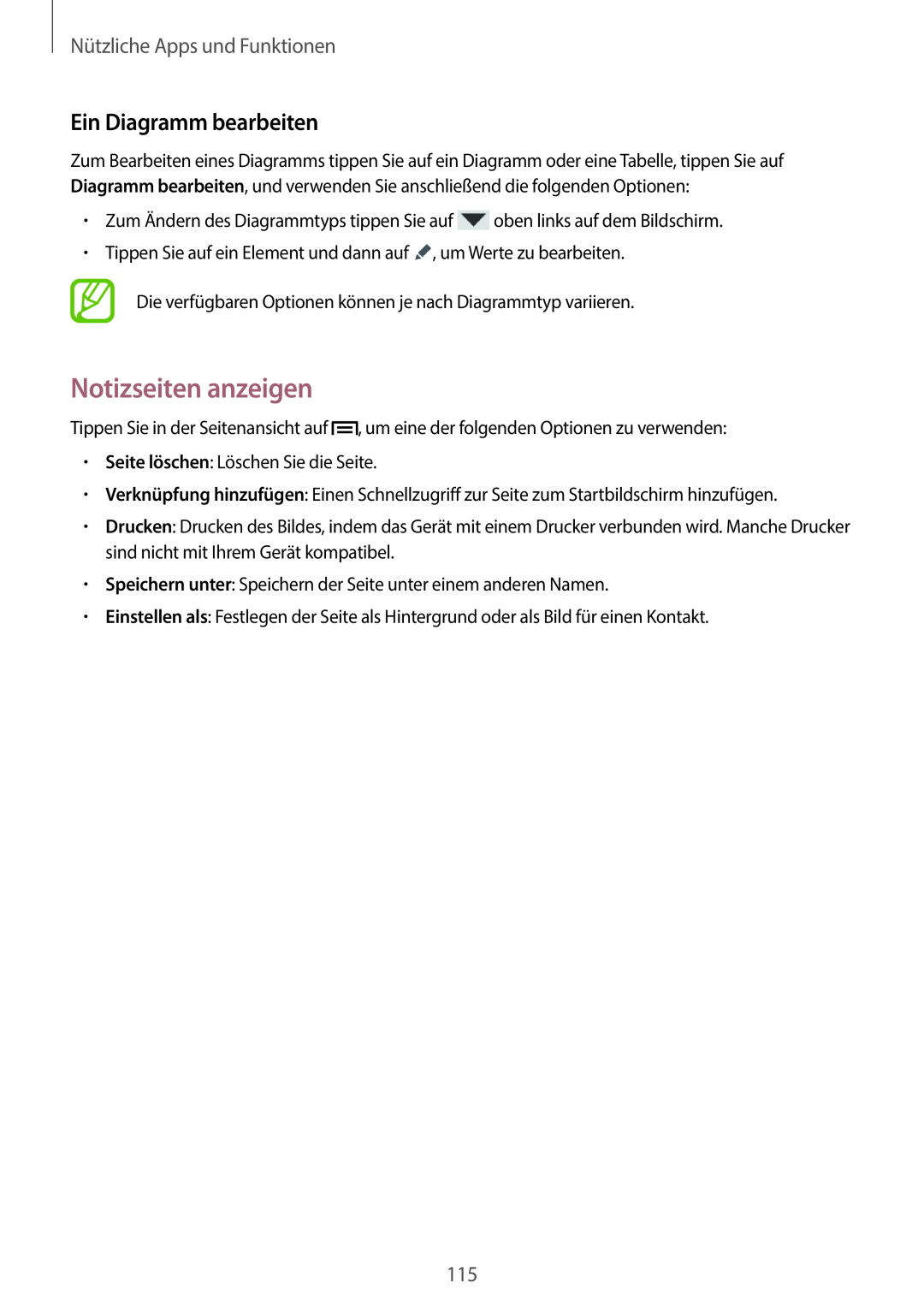 Samsung SM-N9005ZKESFR, SM-N9005ZKEXEO manual Notizseiten anzeigen, Ein Diagramm bearbeiten, Nützliche Apps und Funktionen 