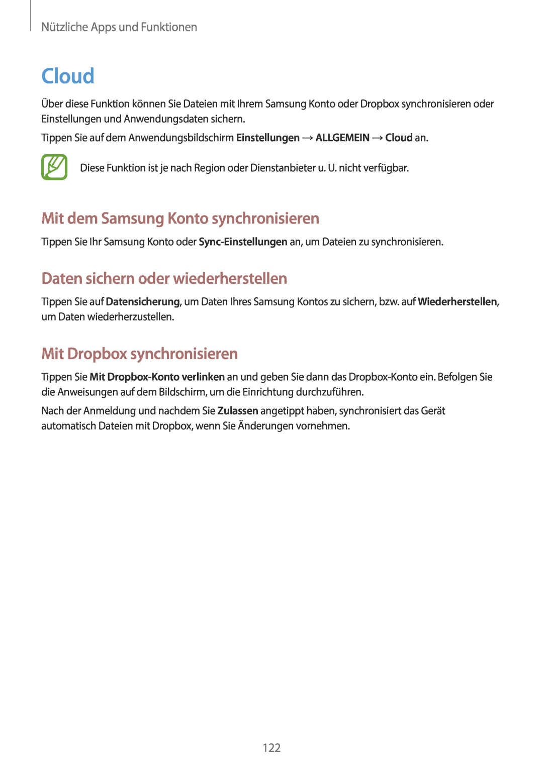 Samsung SM-N9005ZKEVD2, SM-N9005ZKEXEO Cloud, Mit dem Samsung Konto synchronisieren, Daten sichern oder wiederherstellen 