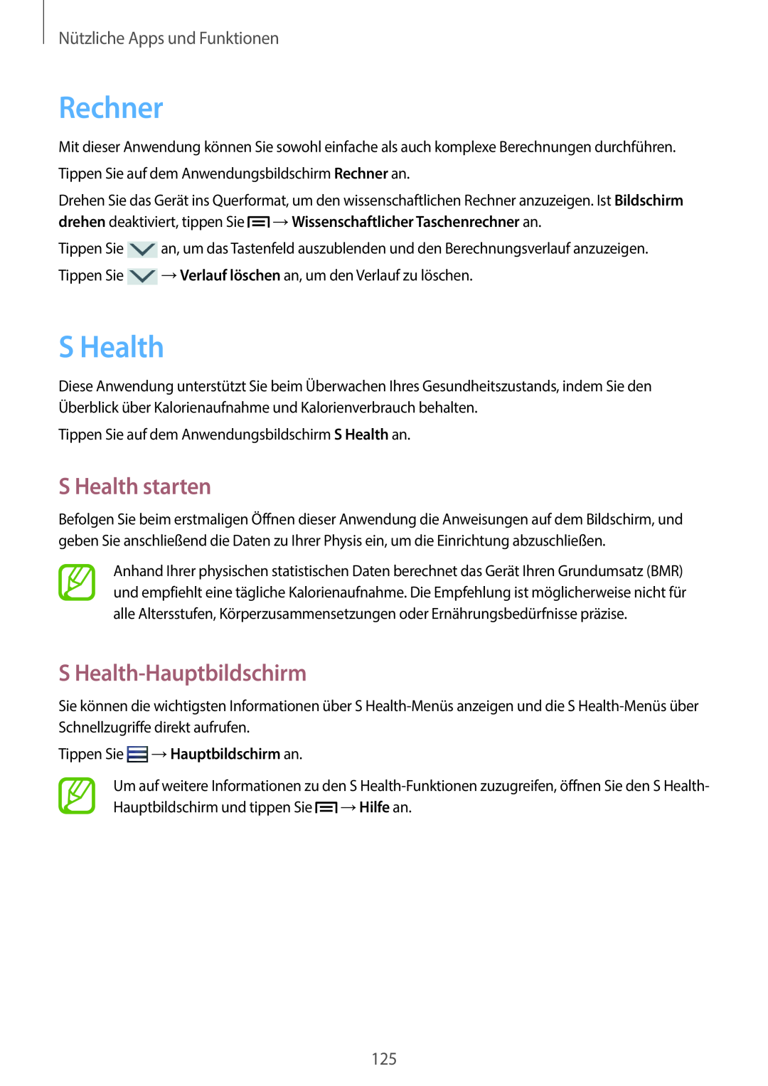 Samsung SM-N9005ZKETPH manual Rechner, S Health starten, S Health-Hauptbildschirm, Tippen Sie →Hauptbildschirm an 