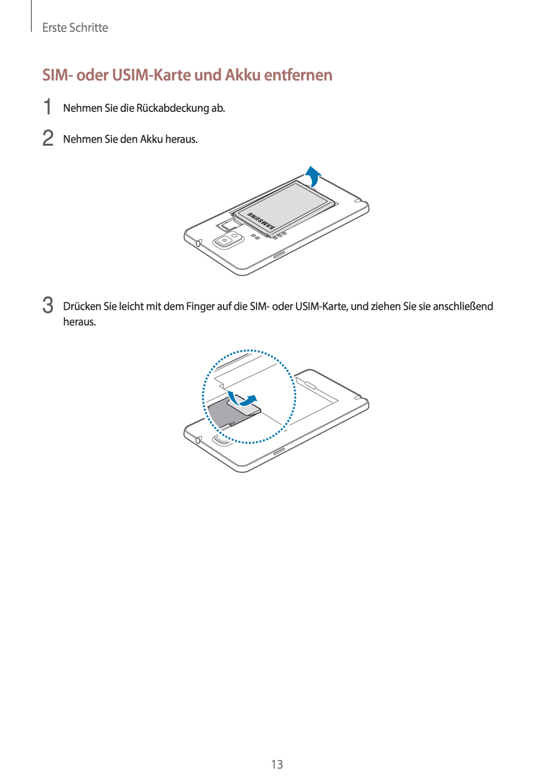 Samsung SM-N9005ZKEMEO, SM-N9005ZKEXEO, SM-N9005ZWEVD2 manual SIM- oder USIM-Karte und Akku entfernen, Erste Schritte 