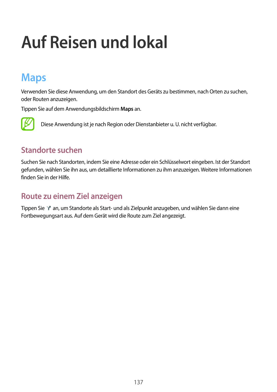 Samsung SM-N9005ZWEMEO, SM-N9005ZKEXEO manual Auf Reisen und lokal, Maps, Standorte suchen, Route zu einem Ziel anzeigen 