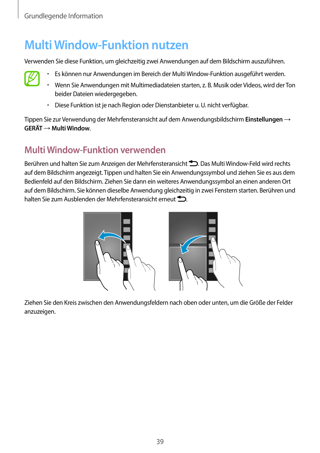 Samsung SM-N9005ZWECOS manual Multi Window-Funktion nutzen, Multi Window-Funktion verwenden, Grundlegende Information 