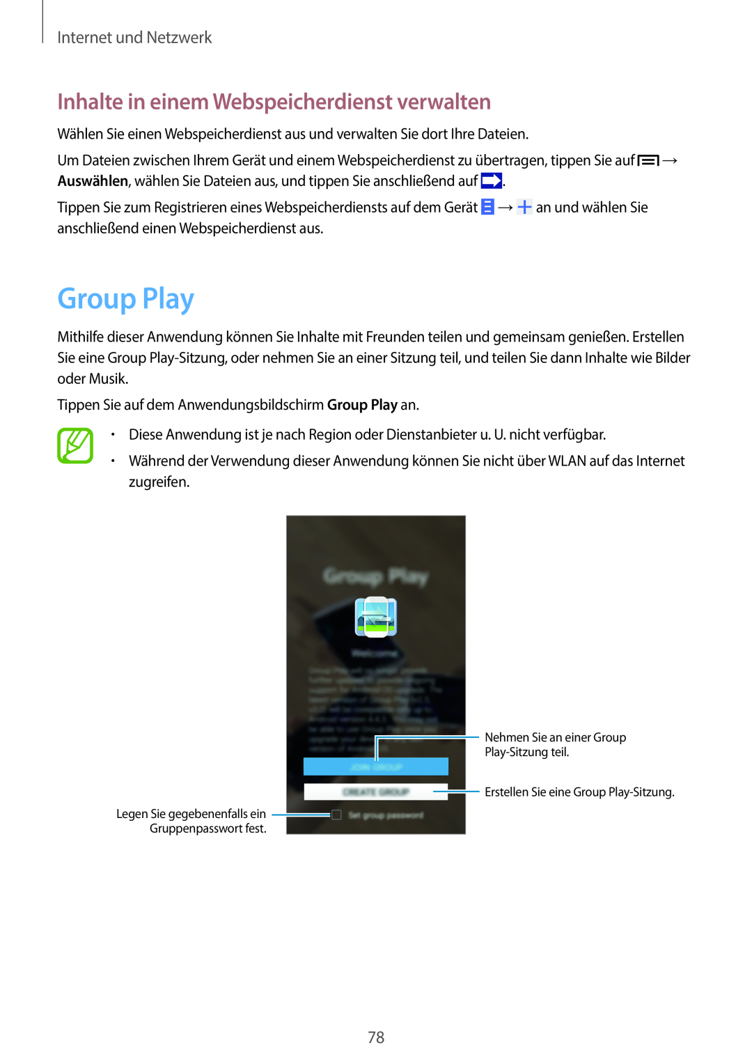 Samsung SM-N9005ZKEPRT, SM-N9005ZKEXEO Group Play, Inhalte in einem Webspeicherdienst verwalten, Internet und Netzwerk 