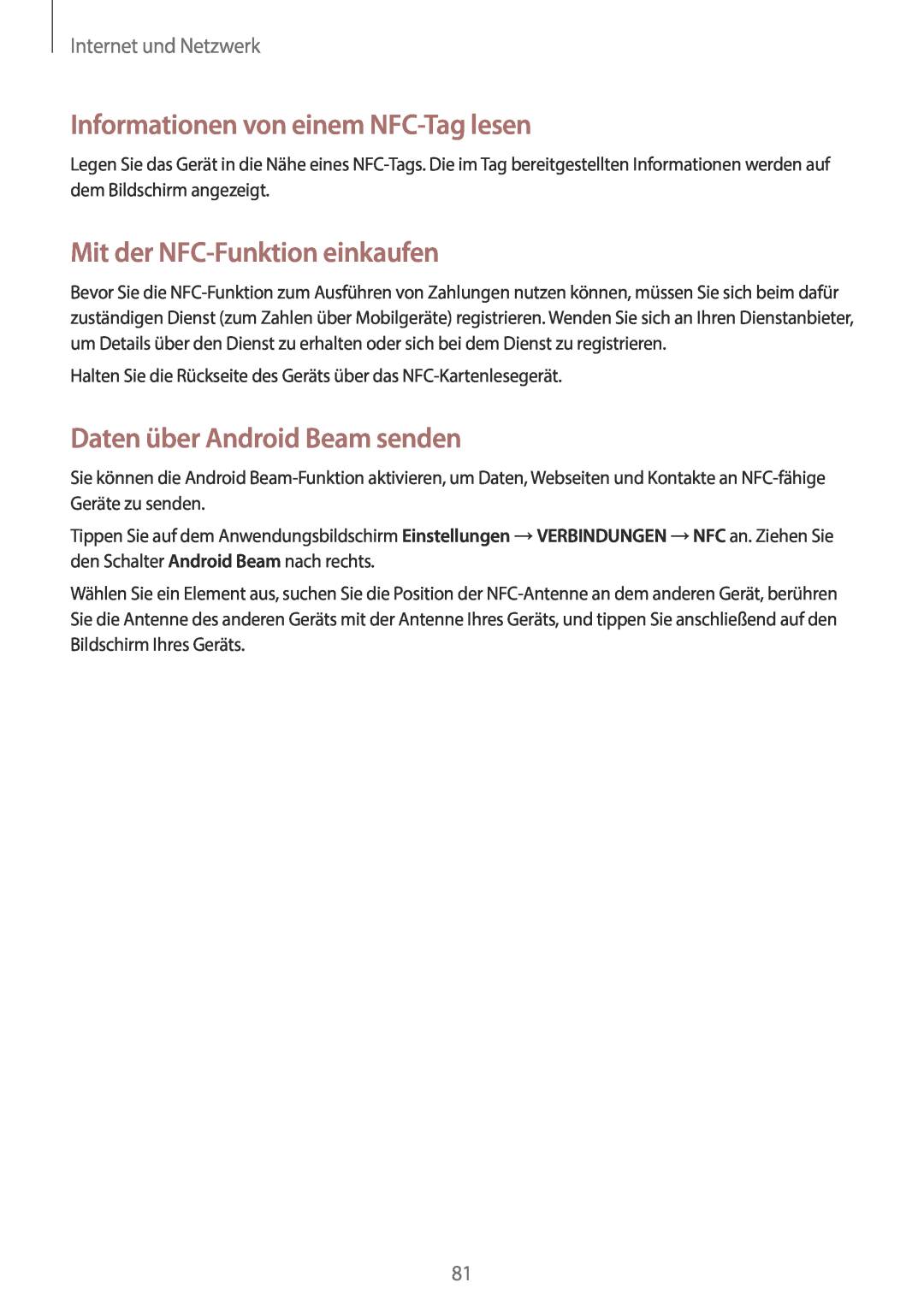 Samsung SM-N9005ZKETCL manual Informationen von einem NFC-Tag lesen, Mit der NFC-Funktion einkaufen, Internet und Netzwerk 