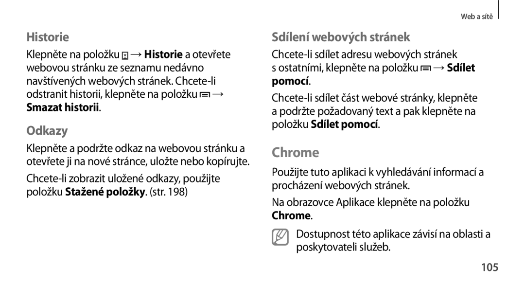 Samsung SM-N9005ZKEO2C, SM-N9005ZKEXEO, SM-N9005ZWEXEO manual Chrome, Historie, Odkazy, Sdílení webových stránek, 105 