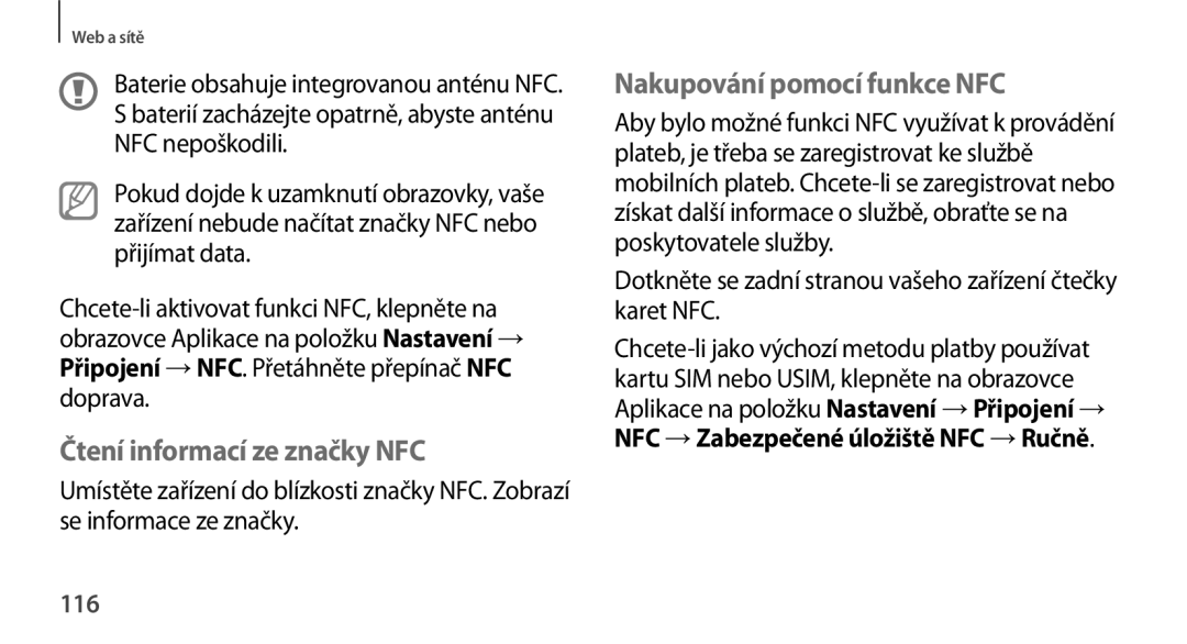 Samsung SM-N9005ZKEBGL, SM-N9005ZKEXEO, SM-N9005ZWEXEO Čtení informací ze značky NFC, Nakupování pomocí funkce NFC, 116 