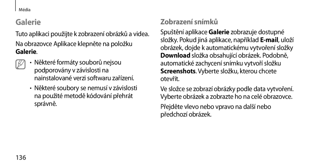 Samsung SM2N9005ZWEETL manual Galerie, Zobrazení snímků, Přejděte vlevo nebo vpravo na další nebo předchozí obrázek, 136 