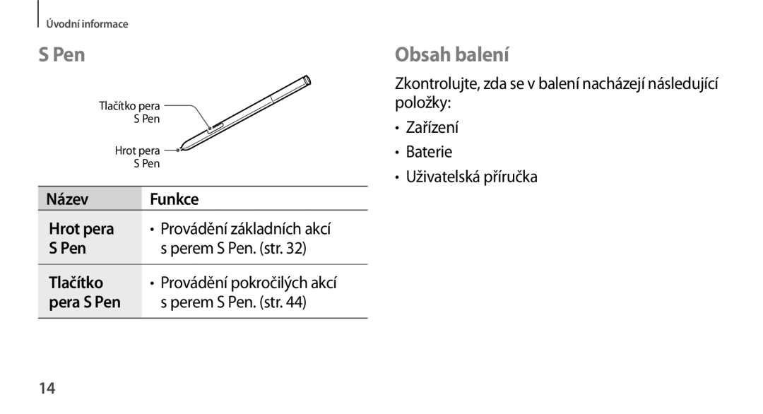 Samsung SM2N9005ZKETMZ, SM-N9005ZKEXEO, SM-N9005ZWEXEO, SM-N9005ZKEPRT, SM-N9005ZWEETL manual Pen, Obsah balení, Název Funkce 