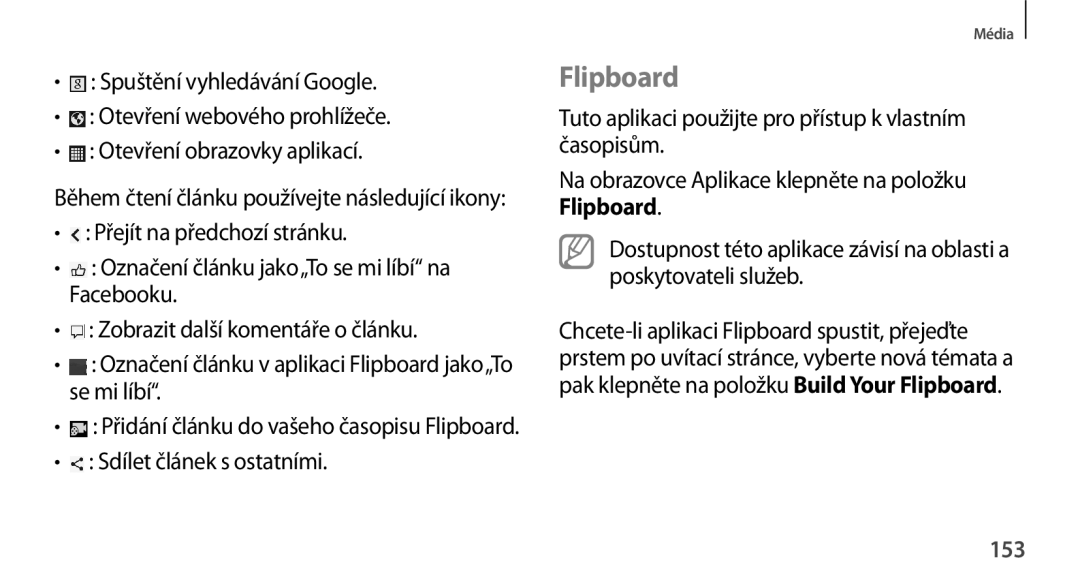 Samsung SM-N9005ZWEMTL, SM-N9005ZKEXEO, SM-N9005ZWEXEO, SM-N9005ZKEPRT manual Flipboard, Sdílet článek s ostatními, 153 