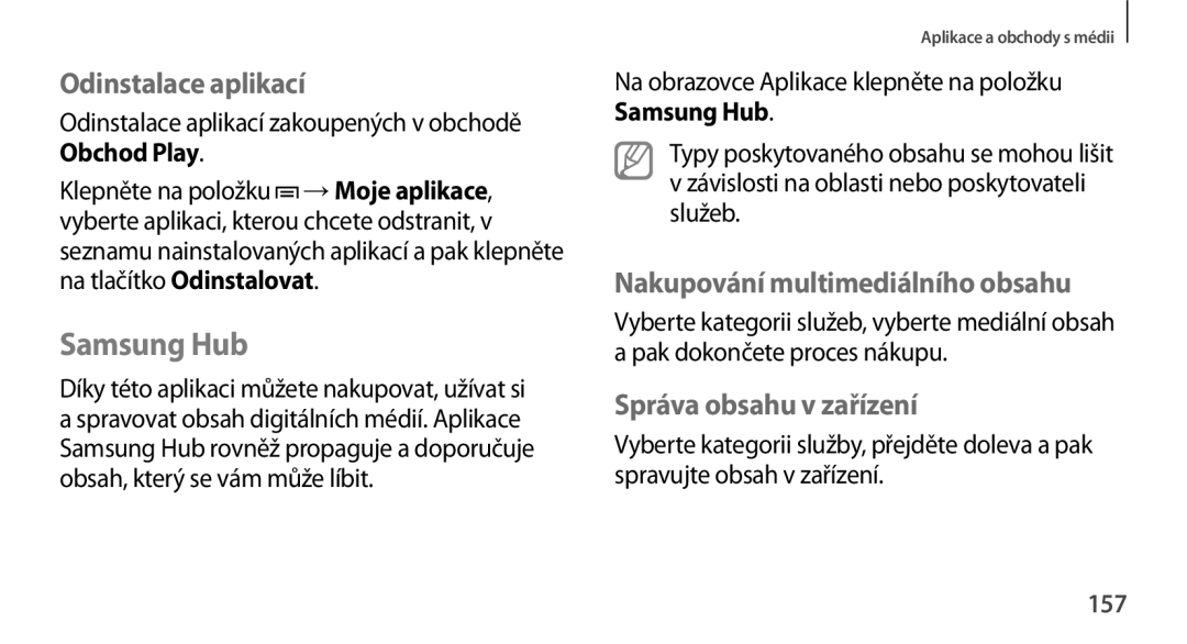 Samsung SM2N9005ZKEVDC, SM-N9005ZKEXEO manual Samsung Hub, Nakupování multimediálního obsahu, Správa obsahu v zařízení, 157 