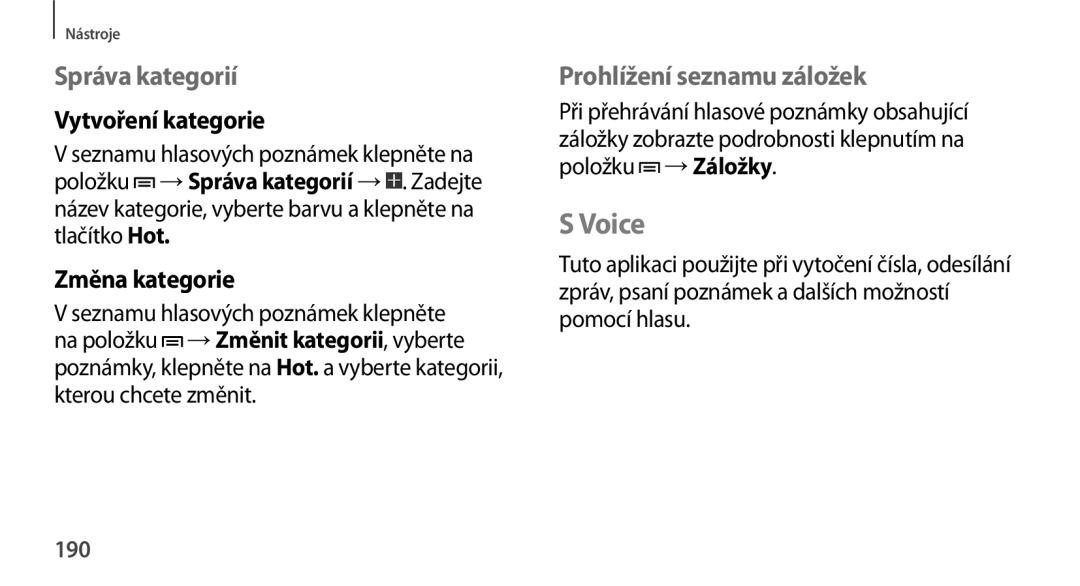 Samsung SM-N9005ZKEVVT manual Voice, Správa kategorií, Vytvoření kategorie, Změna kategorie, Prohlížení seznamu záložek 