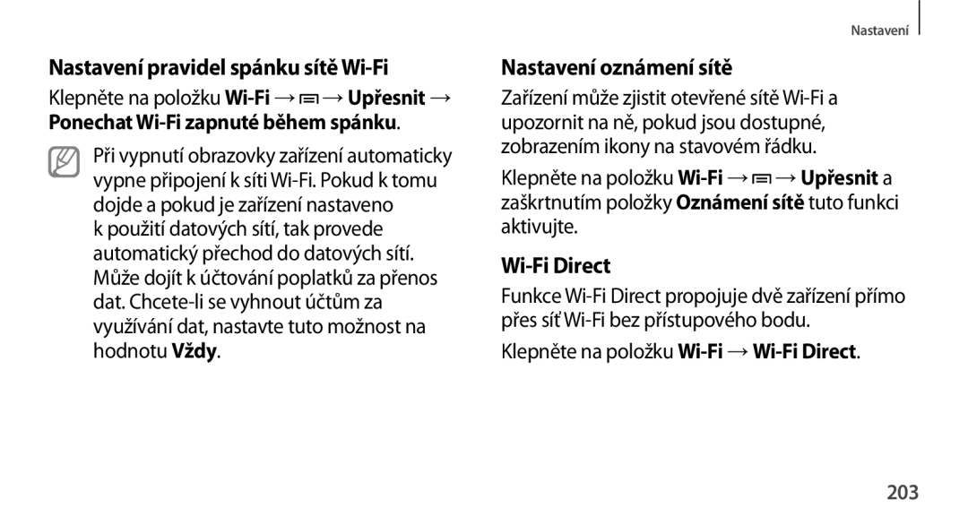 Samsung SM-N9005ZWEORX, SM-N9005ZKEXEO Nastavení pravidel spánku sítě Wi-Fi, Nastavení oznámení sítě, Wi-Fi Direct, 203 