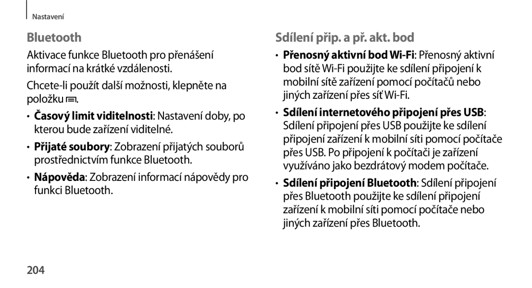 Samsung SM-N9005ZKETMS manual Bluetooth, Sdílení přip. a př. akt. bod, Sdílení internetového připojení přes USB, 204 