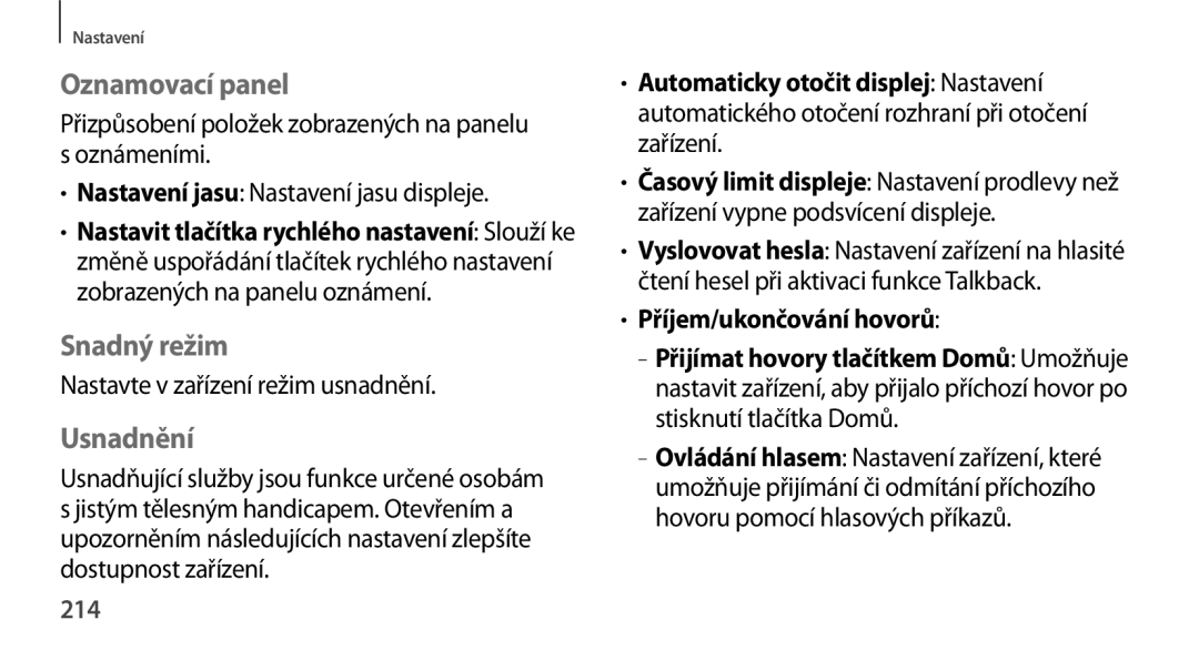 Samsung SM-N9005ZKEMAX, SM-N9005ZKEXEO manual Oznamovací panel, Snadný režim, Usnadnění, Příjem/ukončování hovorů, 214 