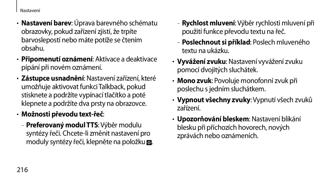 Samsung SM-N9005ZKEXEO manual Možnosti převodu text-řeč, Poslechnout si příklad Poslech mluveného textu na ukázku, 216 