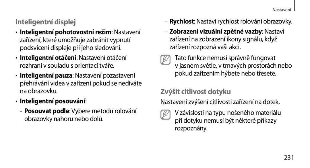 Samsung SM-N9005ZWEO2C manual Inteligentní displej, Zvýšit citlivost dotyku, Tato funkce nemusí správně fungovat, 231 