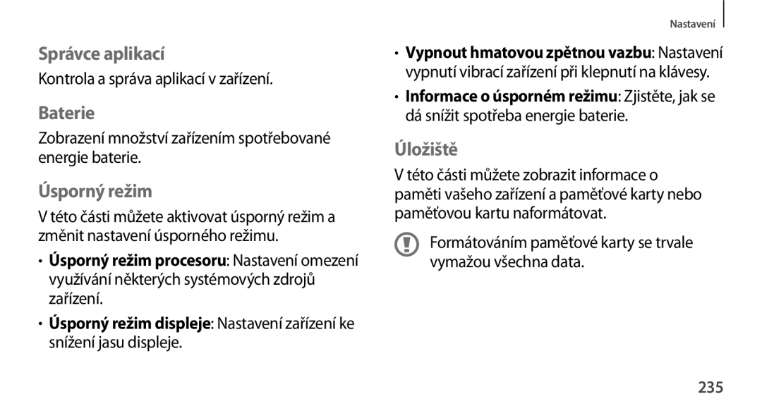 Samsung SM-N9005ZKEDRE, SM-N9005ZKEXEO, SM-N9005ZWEXEO manual Správce aplikací, Baterie, Úsporný režim, Úložiště, 235 