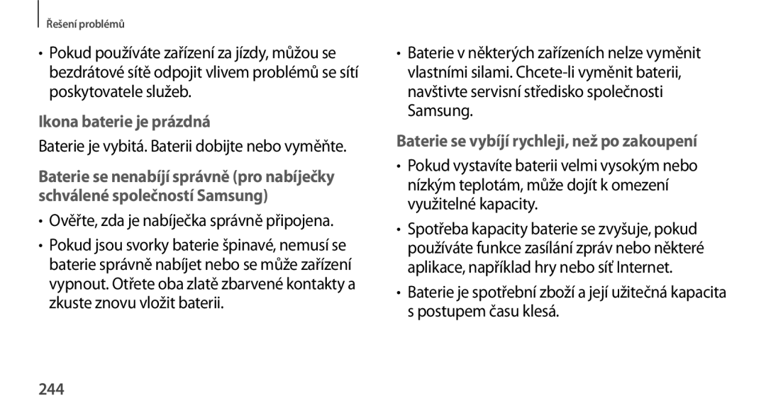 Samsung SM2N9005ZWEETL Baterie je vybitá. Baterii dobijte nebo vyměňte, Ověřte, zda je nabíječka správně připojena, 244 