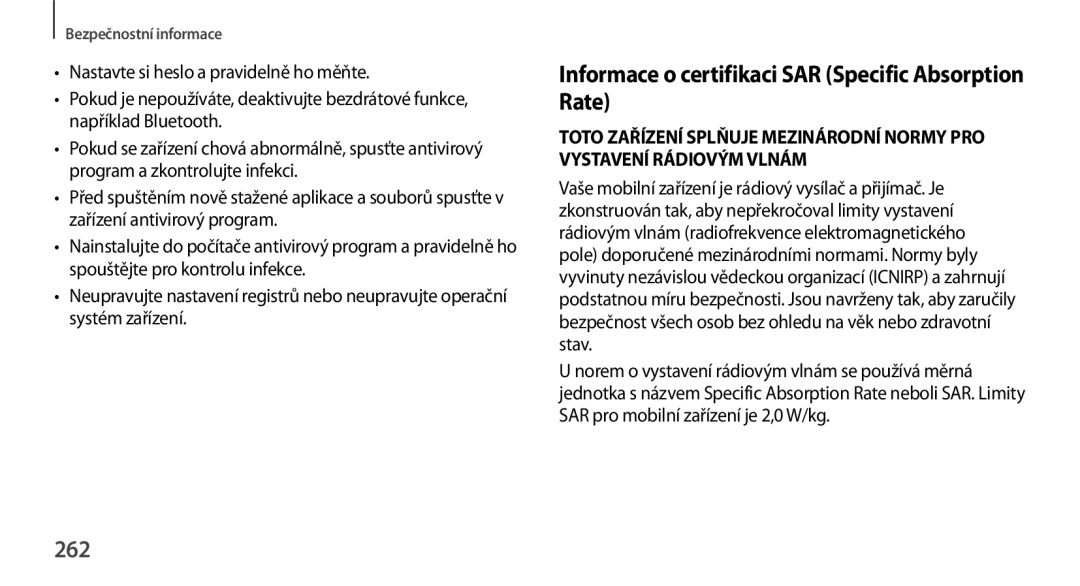 Samsung SM-N9005ZKEVVT, SM-N9005ZKEXEO, SM-N9005ZWEXEO manual Informace o certifikaci SAR Specific Absorption Rate, 262 