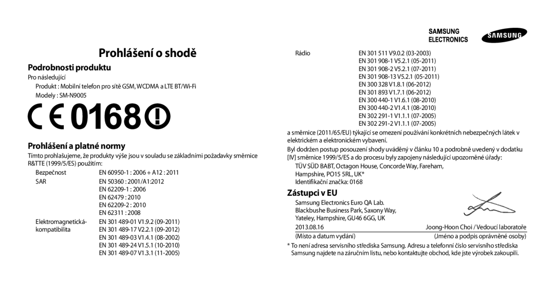 Samsung SM-N9005ZWEO2C, SM-N9005ZKEXEO, SM-N9005ZWEXEO, SM-N9005ZKEPRT manual Prohlášení o shodě, Podrobnosti produktu 