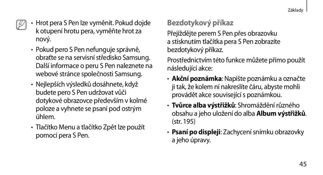 Samsung SM-N9005ZWEMTL, SM-N9005ZKEXEO manual Bezdotykový příkaz, Tlačítko Menu a tlačítko Zpět lze použít pomocí pera S Pen 